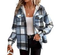 Soulolo Damen Karojacke mit Kapuze Hemdjacke Herbst Winter Locker geschnittene Langarmjacke Karierte mit Revers Baseballjacke Jacke Warm