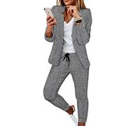 Soulolo Elegant Business Anzug Set Hosenanzug Blazer Zweiteiliger Anzug Langarm Anzugjacke Slim Set Einfarbig gestreiftes Quadrat Damenanzug 2 Stück