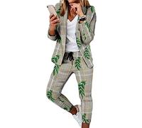 Soulolo Elegant Business Anzug Set Hosenanzug Blazer Zweiteiliger Anzug Langarm Anzugjacke Slim Set Einfarbig gestreiftes Quadrat Damenanzug 2 Stück