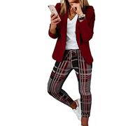 Soulolo Elegant Business Anzug Set Hosenanzug Blazer Zweiteiliger Anzug Langarm Anzugjacke Slim Set Einfarbig gestreiftes Quadrat Damenanzug 2 Stück