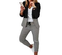 Soulolo Elegant Business Anzug Set Hosenanzug Blazer Zweiteiliger Anzug Langarm Anzugjacke Slim Set Einfarbig gestreiftes Quadrat Damenanzug 2 Stück