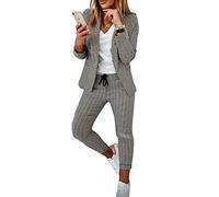 Soulolo Elegant Business Anzug Set Hosenanzug Blazer Zweiteiliger Anzug Langarm Anzugjacke Slim Set Einfarbig gestreiftes Quadrat Damenanzug 2 Stück