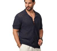 Soulstar Herren Poloshirt Crochet Kurzarm Cardigan Knit Strick-Polo T-Shirt Freizeit Männer Polo-Hemd Men's Sommer-Fit S2_Sapphire-Navy-S