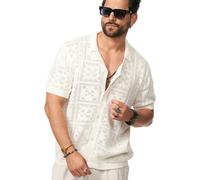 Soulstar Herren Poloshirt Crochet Kurzarm Cardigan Knit Strick-Polo T-Shirt Freizeit Männer Polo-Hemd Men's Sommer-Fit S2_Sapphire-Ecru-XL