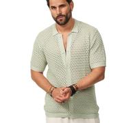 Soulstar Herren Poloshirt Crochet Kurzarm Cardigan Knit Strick-Polo T-Shirt Freizeit Männer Polo-Hemd Men's Sommer-Fit S2_Balm-Sage-L