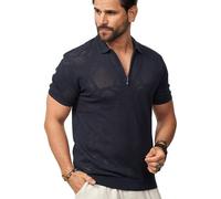 Soulstar Herren Poloshirt Kurzarm Knit Feinstrick-Polo T-Shirt Freizeit Half-Zip Männer Polo-Hemd Men's Fit S2_WATA-Navy-L