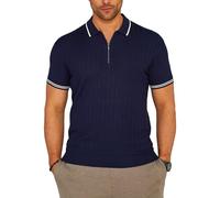 Soulstar Herren Strick Poloshirt Kurzarm Gerippt T-Shirt Polo-Hemd Knit Oberteil mit Zipper-Kragen Kontraststreifen S2_KP-102-Navy-M