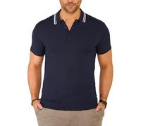 Soulstar Herren Strick Poloshirt Kurzarm T-Shirt Polo-Hemd Knit Oberteil mit Knopfleiste Strick-Polo Golf-Polo Tennis-Polo mit Kontrast-Stripes S2_KP-101-Navy-L