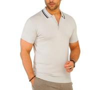 Soulstar Herren Strick Poloshirt Kurzarm T-Shirt Polo-Hemd Knit Oberteil mit Knopfleiste Strick-Polo Golf-Polo Tennis-Polo mit Kontrast-Stripes S2_KP-101-Grey-L