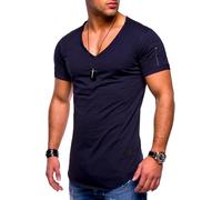 Soulstar Herren T-Shirt V-Ausschnitt Kurzarm Oversized Basic Zipper Male Tee aus Baumwolle Leichtes V-Neck Oberteil Navy-XL
