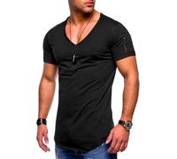 Soulstar Herren T-Shirt V-Ausschnitt Kurzarm Oversized Basic Zipper Male Tee aus Baumwolle Leichtes V-Neck Oberteil Schwarz-M