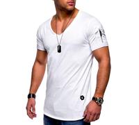 Soulstar Herren T-Shirt V-Ausschnitt Kurzarm Oversized Basic Zipper Male Tee aus Baumwolle Leichtes V-Neck Oberteil Weiß-M