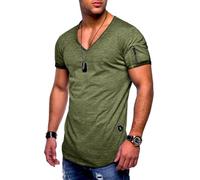 Soulstar Herren T-Shirt V-Ausschnitt Kurzarm Oversized Basic Zipper Male Tee aus Baumwolle Leichtes V-Neck Oberteil Khaki-Wash-L