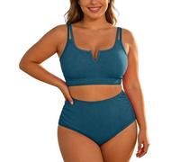 Soupliebe Bikinis Große Größen Damen Twist Front Bikini Oberweite Gerippte Zweiteiliger Badeanzug Set Brüste Neckholder Sets Swimsuit Crossback Retro Triangel Top String Bademode