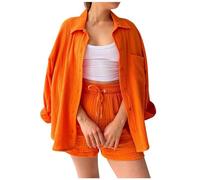 Soupliebe Bluse Frühling Damen, Musselin Bluse Damen Oversized Zweiteiler Sommer Set - Longbluse Luftig Leicht Oberteile Einfarbig Hemdbluse Und Shorts Leinen Outfit Leinenhemd Orange M