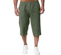 Soupliebe Cargohose Herren 3/4, 3/4 Hose Herren Leinen - Leinenhose Kurz Dreiviertel Sommer Hosen Bermuda Shorts Sommerhose Baumwolle Leicht Caprihose Cargohose Mit Taschen Herrenshorts Grün L