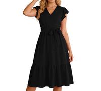 Soupliebe Kleid Hochzeitsgast Damen Festlich - Sommerkleid Wickelkleid Kurzarm Und Rüschen Sommer V-Ausschnitt Kleider Elegant Lässiges Hohe Taille Lockeres Einfarbig Kleid Mit Taschen