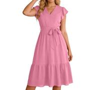 Soupliebe Kleid Hochzeitsgast Damen Festlich - Sommerkleid Wickelkleid Kurzarm Und Rüschen Sommer V-Ausschnitt Kleider Elegant Lässiges Hohe Taille Lockeres Einfarbig Kleid Mit Taschen