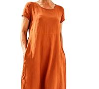 Soupliebe Musselin Kleid Damen Lang Sommer Leinenkleid - Sommerkleid Casual Rundhals Kurzarm Freizeitkleid Große Größen Strandkleider Sommerkleider Leicht und Luftig Kleid Leinenkleider mit Taschen