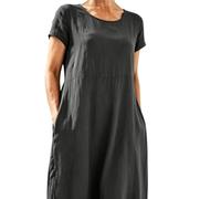 Soupliebe Musselin Kleid Damen Lang Sommer Leinenkleid - Sommerkleid Casual Rundhals Kurzarm Freizeitkleid Große Größen Strandkleider Sommerkleider Leicht und Luftig Kleid Leinenkleider mit Taschen