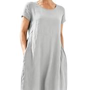 Soupliebe Sommer Leinenkleid Damen Lang Musselin Kleid - Sommerkleid Casual Rundhals Kurzarm Freizeitkleid Große Größen Strandkleider Sommerkleider Leicht und Luftig Kleid Leinenkleider mit Taschen