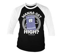 South Park Offizielles Lizenzprodukt Towelie - Wanna Get High Baseball 3/4 Ärmel T-Shirt (Weiß-Schwarz), XXL