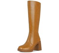 SOVANYOU Schwarze Lederstiefel Plateaustiefel für Frauen Square Toe Chunky Block Heeled Stiefel Seitlicher Reißverschluss, Braun, 39 EU