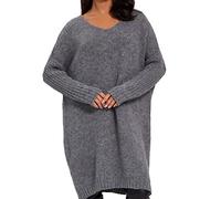 SOVENTUS FASHION Damen Strickkleid V-Ausschnitt - grobmaschiger Strickpullover im Oversize-Look, ideal als stylischer Damen-Pullover für die Frühling Sommer und Herbst, Winter Made in Italy grau