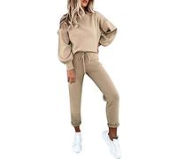 Sovoyontee Damen Lässig Trainingsanzug Pyjamas Hoher Hals Pullover Sweatshirt Lounge 2-Teiliges Outfits Set Khaki XL
