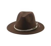 SOYNIA Fedora Trilby Filzhut Hut Hüte Für Damen Fedora Gefilzt Herrenhut Panama Lässig Vintage Western Cowboy Kette Breite Krempe 60-62 cm (XL) Kaffeebraun