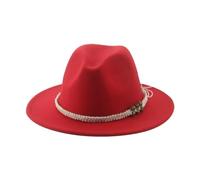 SOYNIA Fedora Trilby Filzhut Hut Hüte Für Damen Fedora Gefilzt Herrenhut Panama Lässig Vintage Western Cowboy Kette Breite Krempe 60-62 cm (XL) Rot