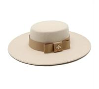 SOYNIA Fedora Trilby Filzhut Hut Weißer Bownot-Fedora-Hut Mit Flacher Oberseite Für Damen Krempe Bankett Eleganter Filzhut Hochzeitskleid-Kappe 56-58 cm Beige