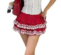 SOYNIA Hübscher Rock Damen Frauen Minirock Spitze Rüschenrock Gothic Kleidung S Rot