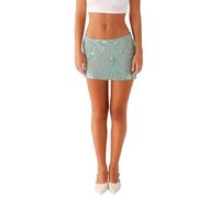 SOYNIA Hübscher Rock Damen Frauen Pailletten Kurzer Rock Perlen Blume Niedriger Bund Mini Bodycon Rock Trendige Streetwear S Grün