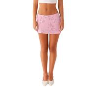 SOYNIA Hübscher Rock Damen Frauen Pailletten Kurzer Rock Perlen Blume Niedriger Bund Mini Bodycon Rock Trendige Streetwear S Rosa