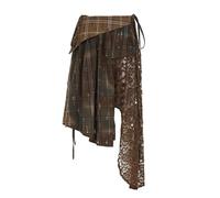 SOYNIA Hübscher Rock Damen Unregelmäßig Karodruck Spitze Patchwork Langer Rock Kleidung Braun Schicht Outfits L Dunkelbraun