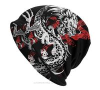 SOYNIA Mütze Beanie Hut Männer Frauen Dünne Hut Drachen Kanji Chinesischer Text Hintergrund Warme Kappe Hip Hop Schädel Beanies Kappen OneSize Schwarz