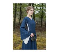 Battle-Merchant Mittelalter Kleid Bliaut Amal Damen, mit Höllenfenstern und Trompetenärmeln langarm, bodenlang, Baumwolle, Vintage, LARP, Boho, Wikinger, Kostüm, Gewandung, Blau/Natur, Gr. L