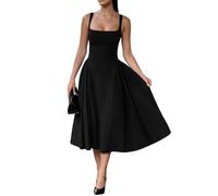 Spaghetti Strap Low Cut Bustier Off The Shoulder Dress, Sleeveless Corset Fit Midi Dress, Boho Summer Elegant Sexy A-Line Dresses (Black,S)