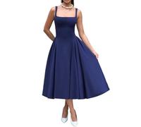 Spaghetti Strap Low Cut Bustier Off The Shoulder Dress, Sleeveless Corset Fit Midi Dress, Boho Summer Elegant Sexy A-Line Dresses (Blue,L)