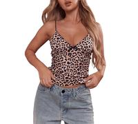 Spaghetti Top Damen V Ausschnitt Leoparden, Top Damen Sexy Sommer Sommertops Y2K Unterhemd Vintage Tanktop Ärmellos Spaghettiträger Bequeme Camisole-Tops Casual Oberteil Kurz Hemdbluse Sporttop