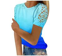 Spaghetti Tops Damen Fledermaus Shirt Damen Sport Oberteile Damen Langarm Frauen Einfarbig T-Shirts Rundhals Cutout Spitze Patchwork Kurzarm Basic Shirt Blusen Casual Locker (Blue, M)