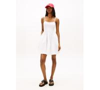 Spaghettikleid TOMMY JEANS "TJW RIB POPLIN MIX STRAPPY DRESS", Damen, Gr. L (40), N-Gr, weiß (ecru), Feinripp, Obermaterial: 100% Baumwolle, unifarben, tailliert mini, tiefer Rundhals, Kleider, Super