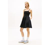 Spaghettikleid TOMMY JEANS "TJW RIB POPLIN MIX STRAPPY DRESS", Damen, Gr. XL (42), N-Gr, schwarz, Feinripp, Obermaterial: 100% Baumwolle, unifarben, tailliert mini, tiefer Rundhals, Kleider, Super Sli