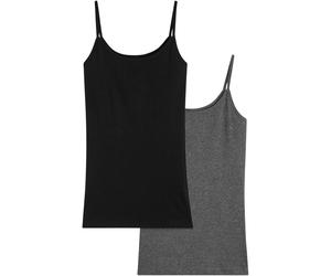 Spaghettitop BONPRIX "Spaghettiträger-Top aus reiner Baumwolle, 2er Pack", Damen, Gr. 40/42 (M), schwarz (schwarz, grau meliert), Obermaterial: 50% Baumwolle, 50% Polyester, slim fit, Tops, figurbeton