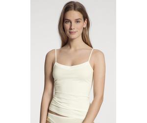 Spaghettitop CALIDA "Cate", Damen, Gr. XS (36/38), beige (alabaster crème), Single Jersey, Obermaterial: 92% Baumwolle, 8% Elasthan, unifarben, normal hüftbedeckend, Rundhals, Tops, Satin-Einsatz, Sin