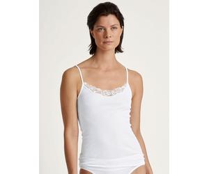 Spaghettitop CALIDA "Cotton Desire", Damen, Gr. L (48/50), weiß, Feinripp, Obermaterial: 100% Baumwolle, unifarben, figurbetont hüftbedeckend, tiefer Rundhals, Tops Spaghettitop, Spitzen-Einsatz, atmu