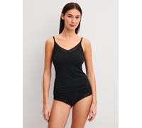 Spaghettitop CALIDA "Etude Ajours", Damen, Gr. S (40/42), schwarz, Single Jersey, Obermaterial: 89% Modal, 11% Elasthan, hüftbedeckend, V-Ausschnitt, Tops, mit feiner Spitze am Ausschnitt (94528632-S)