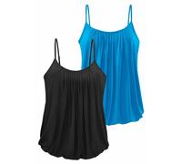 Spaghettitop LASCANA "mit dekorativen Falten", Damen, Gr. 44/46, blau (türkis, schwarz), Obermaterial: 95% Viskose, 5% Elasthan, unifarben, bequem, tiefer Rundhals, Tops, aus weicher Viskose-Qualität
