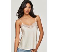Spaghettitop LASCANA "Seidentop, Spitzentop, Alana", Damen, Gr. 32/34, beige (champagner), Spitze, Obermaterial: 87% Seide, 7% Polyamid, 6% Elasthan, tiefer V-Ausschnitt, Tops, mit Seide und edler Spi